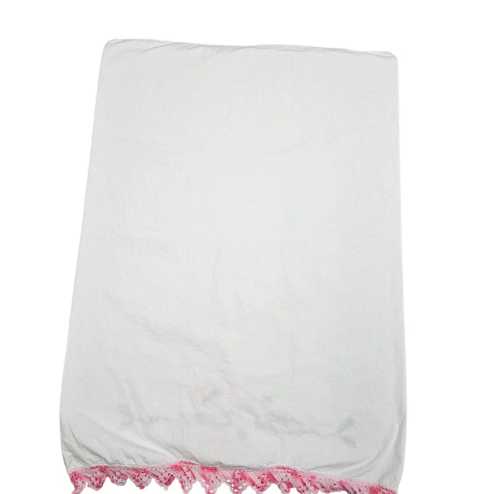 Vintage Handmade Embroidered Pillowcase Set‎ Pink Floral Crochet White Cottage